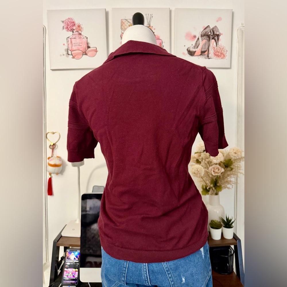 🍒CeCe Burgundy Embroidered Peter Pan Collar Knit Top - Picture 6 of 7
